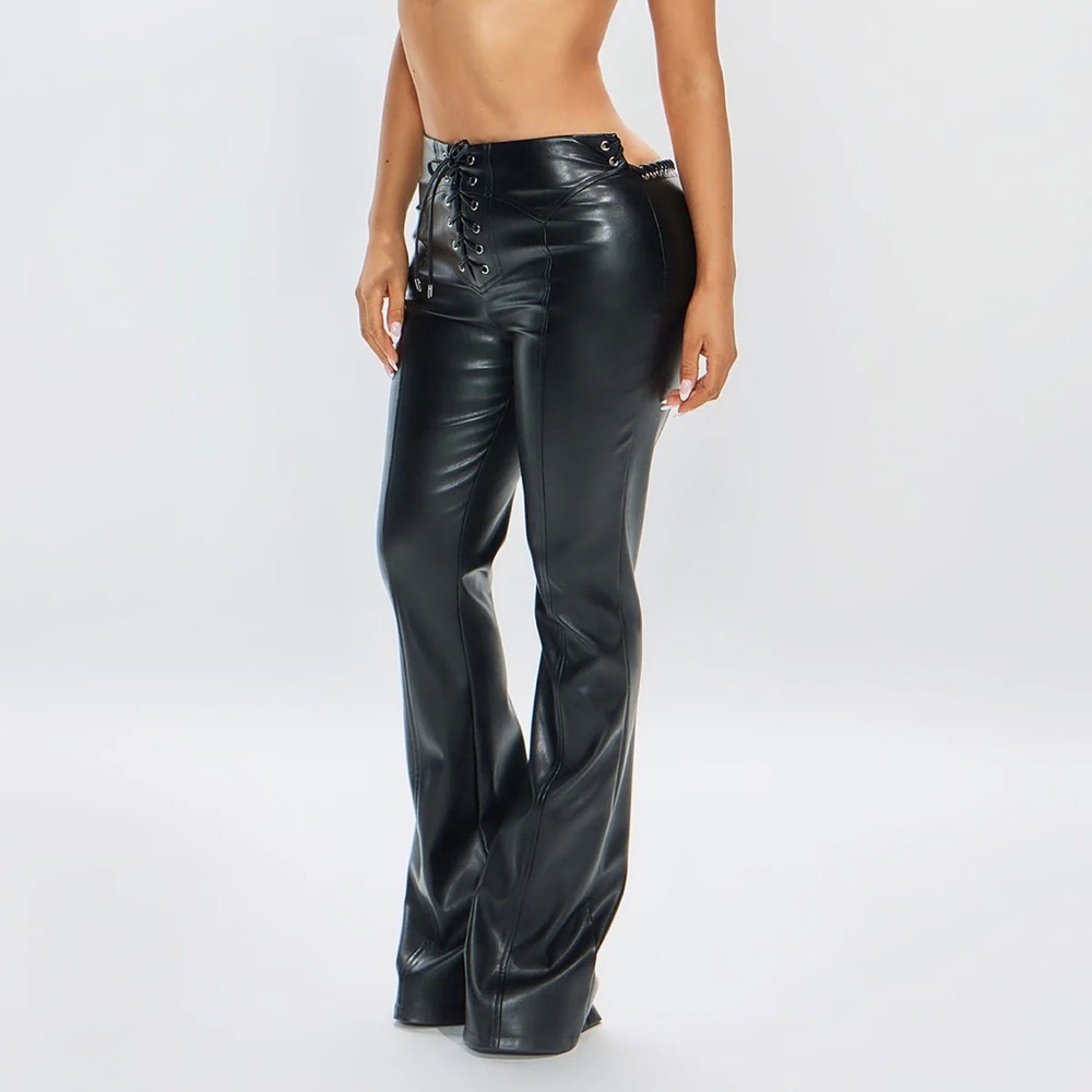 High-Waist Lace-Up Faux Leather Pants - Black